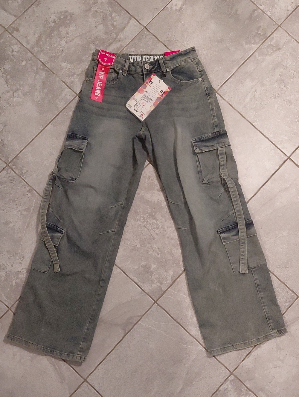 VIP Gray Wash Wide-Leg Cargo Jeans with Utility Straps